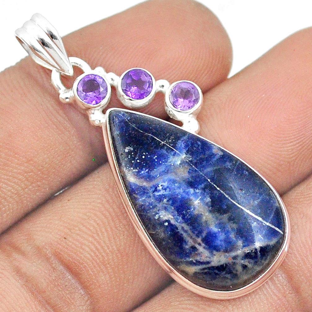 15.65cts natural blue sodalite pear amethyst 925 sterling silver pendant u22252