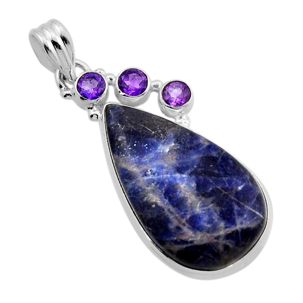16.03cts natural blue sodalite pear amethyst 925 sterling silver pendant y86859