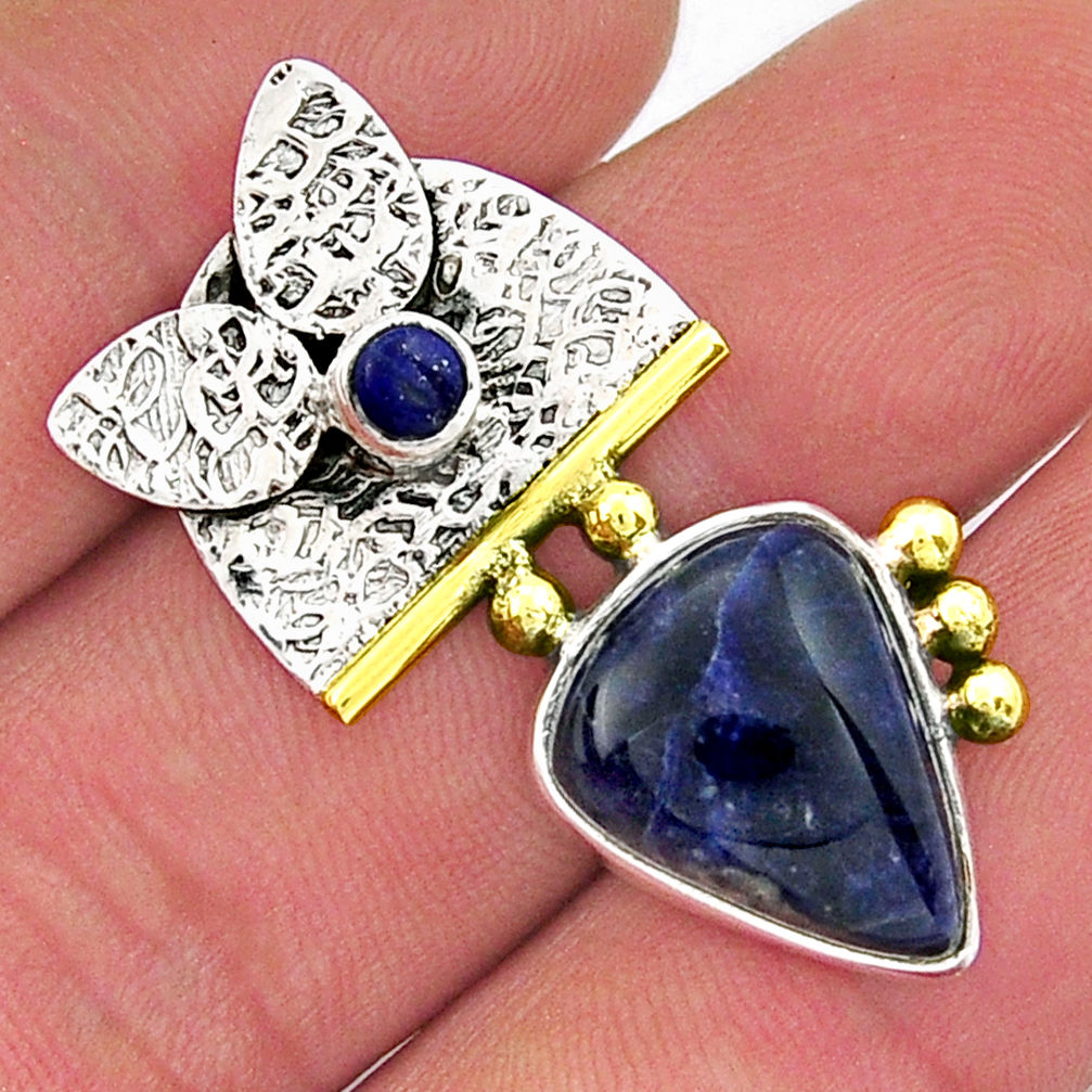 10.37cts natural blue sodalite pear lapis lazuli 925 silver gold pendant y21753