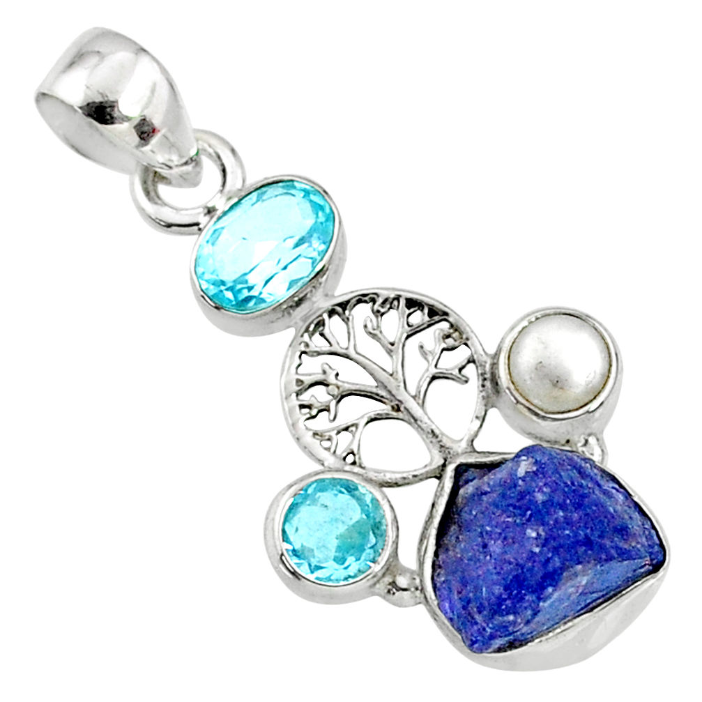 9.55cts natural blue tanzanite rough 925 silver tree of life pendant r65042