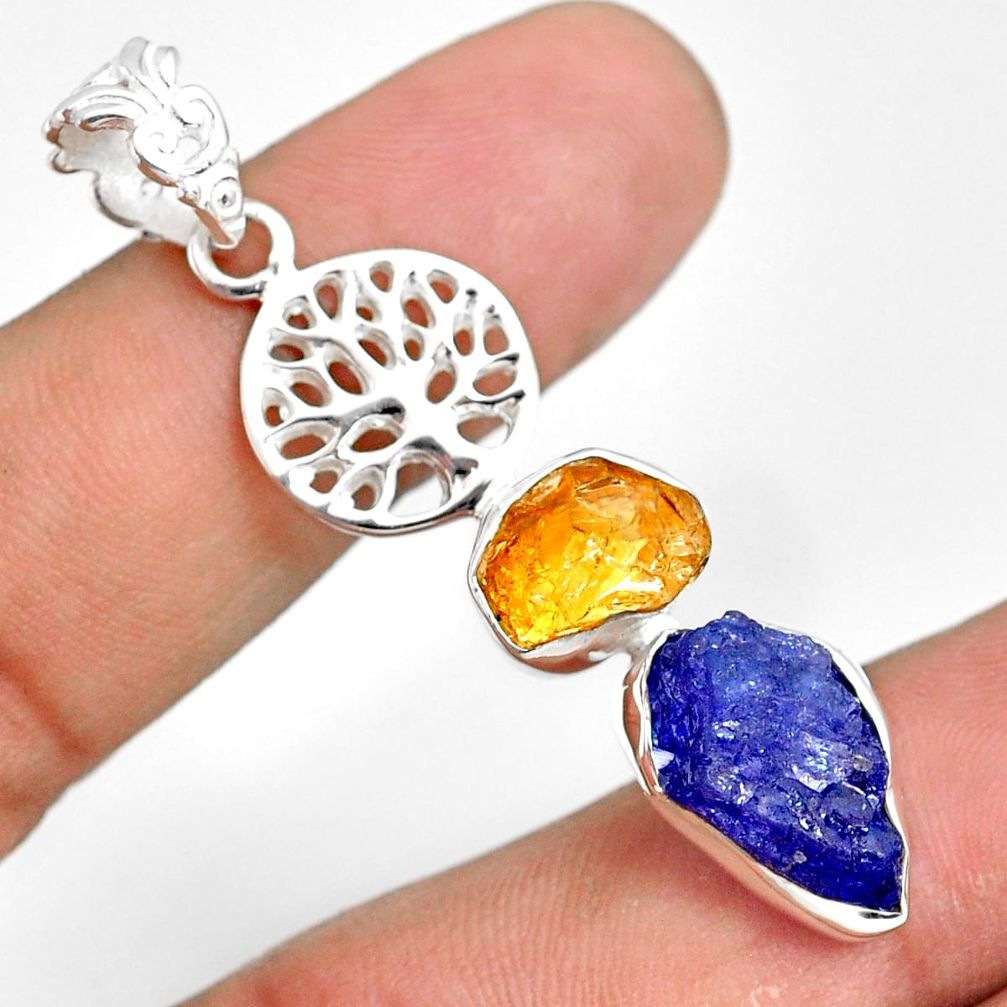 11.66cts natural blue tanzanite raw 925 silver tree of life pendant r80783