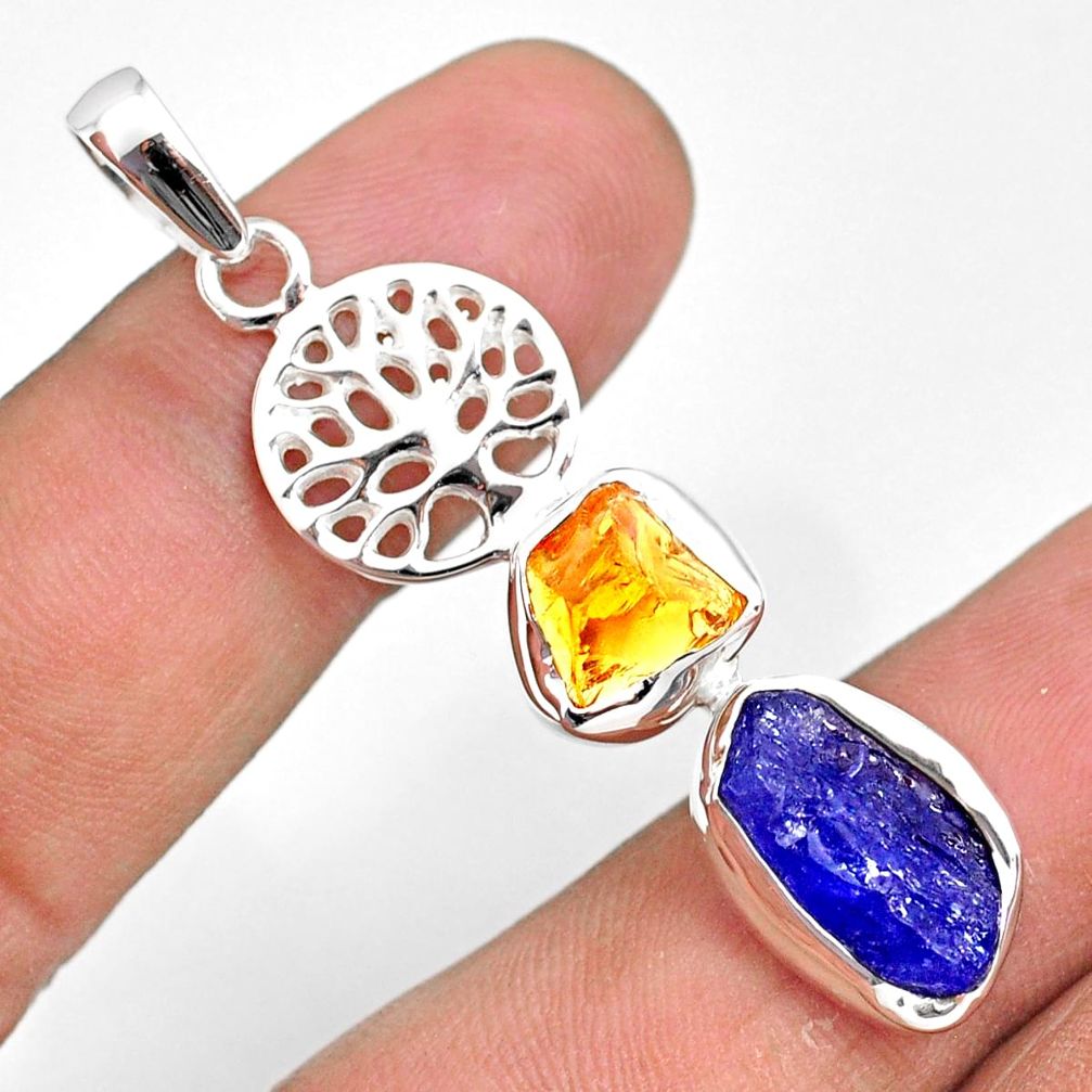 9.56cts natural blue tanzanite raw 925 silver tree of life pendant r80786