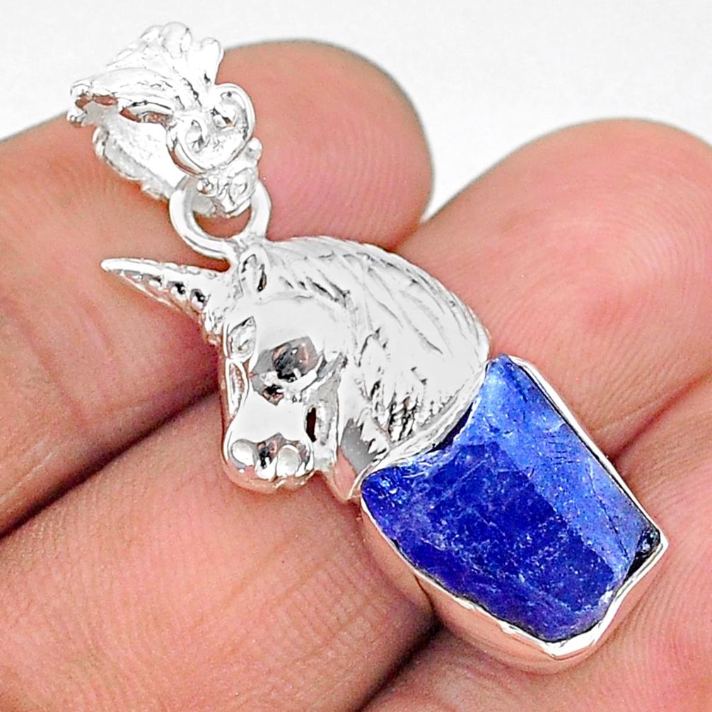 7.40cts natural blue tanzanite raw 925 sterling silver unicorn pendant t17141