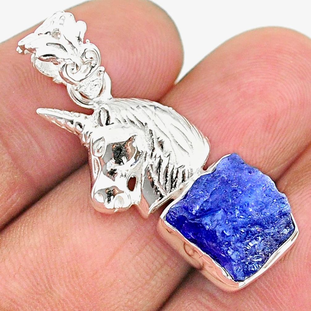 7.12cts natural blue tanzanite raw 925 sterling silver unicorn pendant t17148