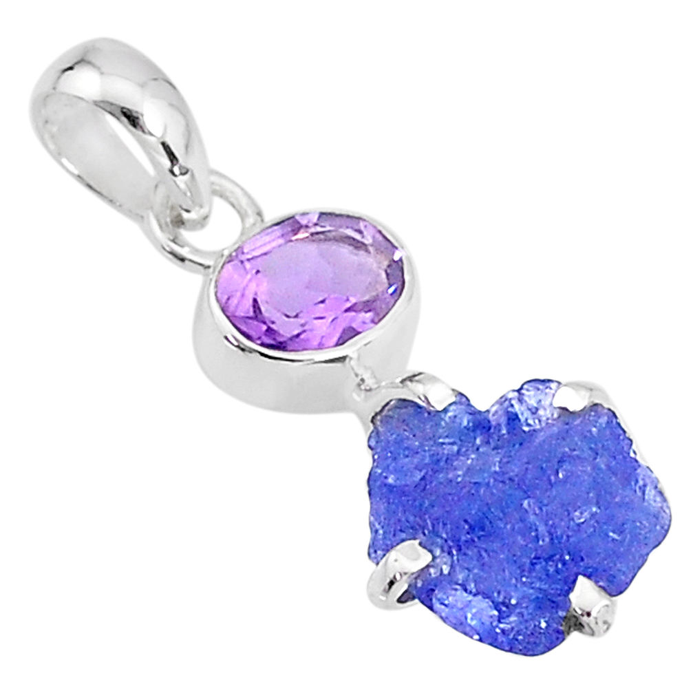 6.65cts natural blue tanzanite raw amethyst 925 sterling silver pendant t6966