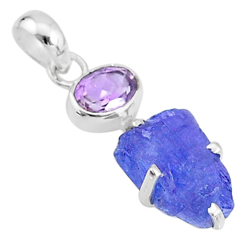 7.04cts natural blue tanzanite raw amethyst 925 sterling silver pendant t6989