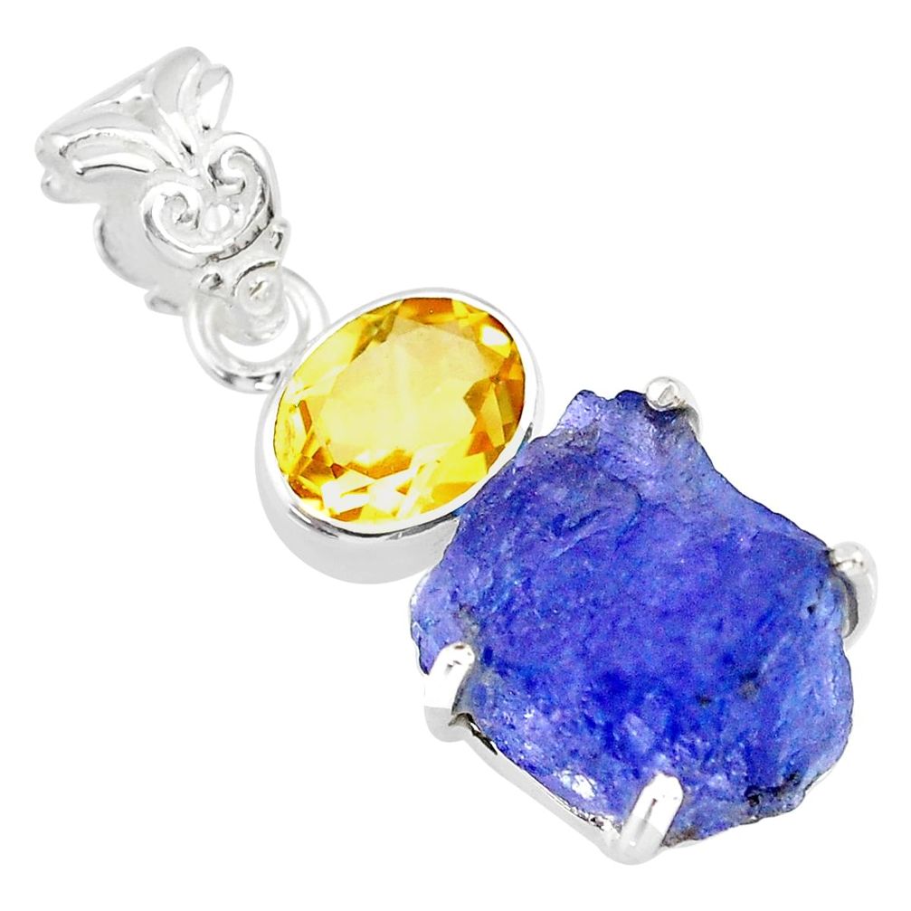 13.15cts natural blue tanzanite raw citrine 925 sterling silver pendant r83103