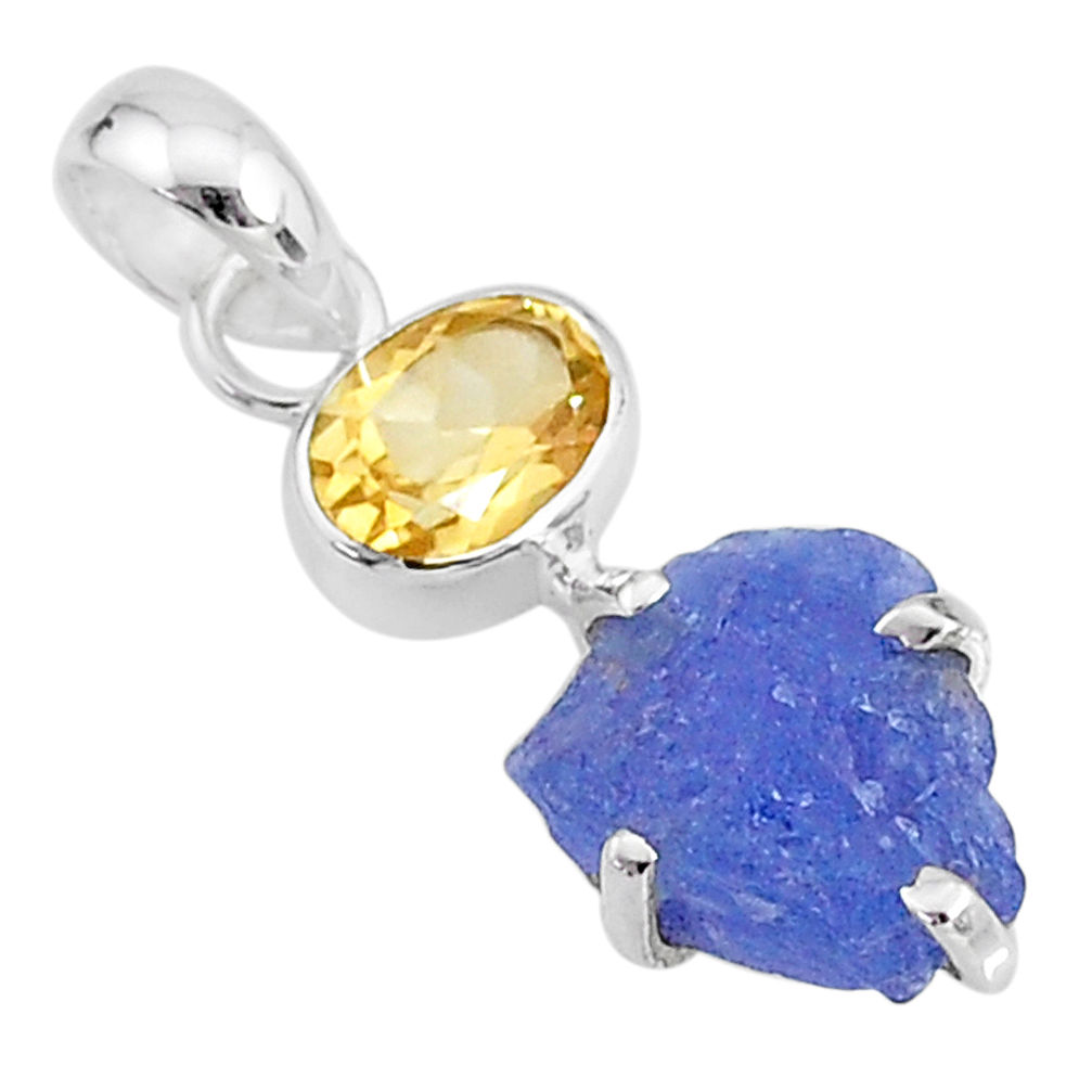 6.92cts natural blue tanzanite raw citrine 925 sterling silver pendant t6977