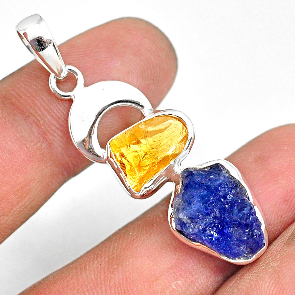 11.15cts natural blue tanzanite raw citrine rough 925 silver pendant r80810