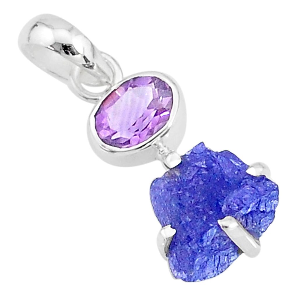 5.70cts natural blue tanzanite raw fancy amethyst 925 silver pendant t6965
