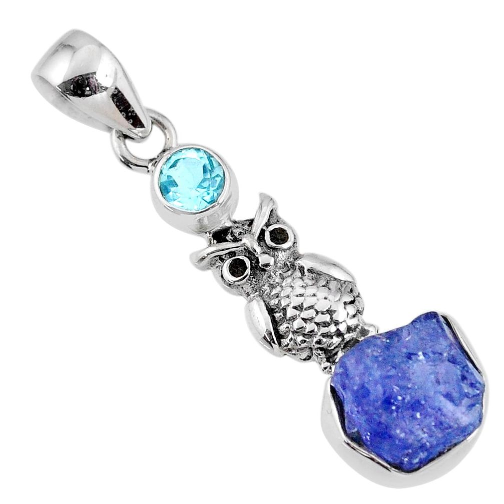 6.03cts natural blue tanzanite rough fancy topaz 925 silver owl pendant r61986