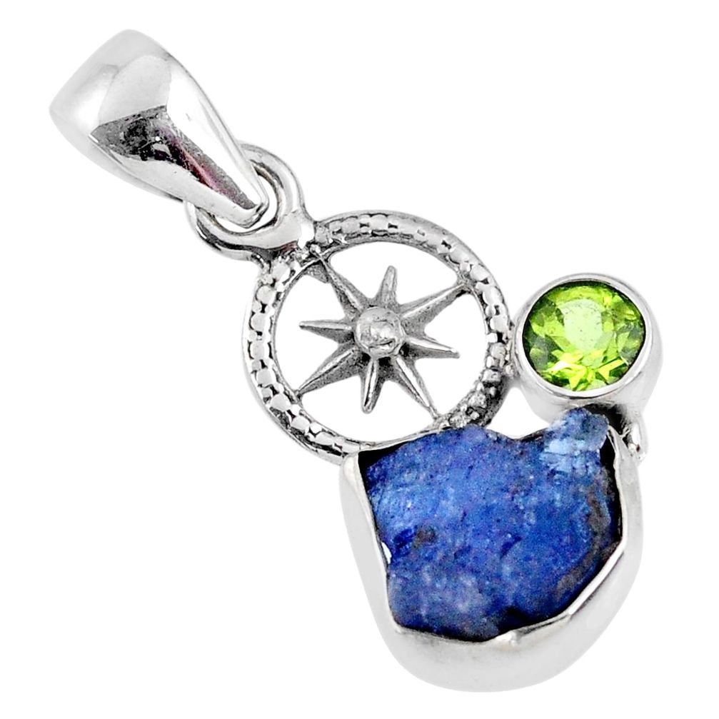 5.55cts natural blue tanzanite rough peridot 925 sterling silver pendant r61982