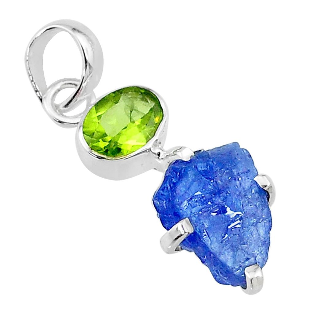 7.23cts natural blue tanzanite rough peridot 925 sterling silver pendant t10790