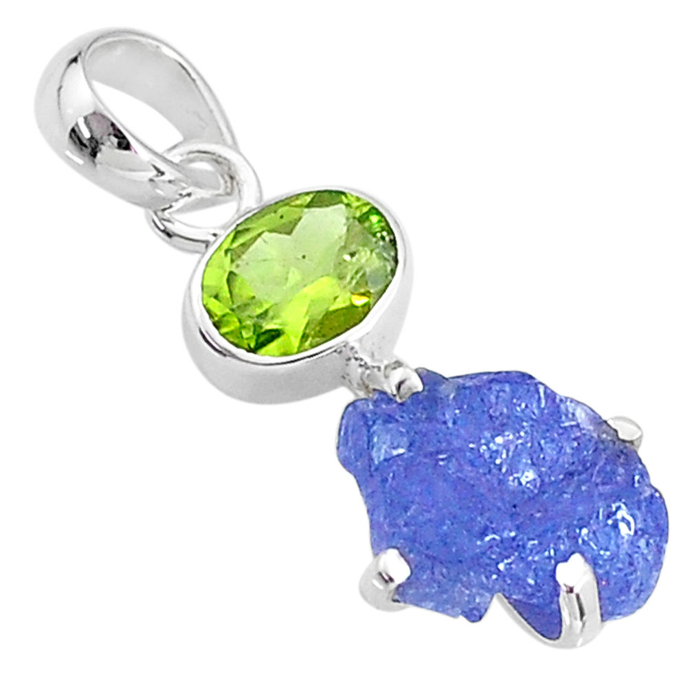 7.04cts natural blue tanzanite raw peridot 925 sterling silver pendant t6992