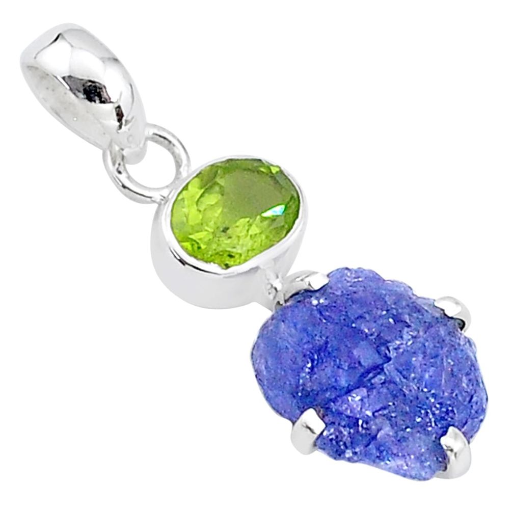 7.85cts natural blue tanzanite raw peridot 925 sterling silver pendant t7182