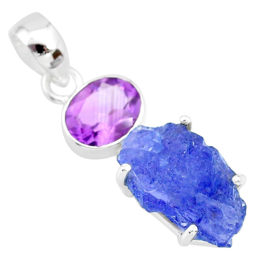 11.23cts natural blue tanzanite raw purple amethyst 925 silver pendant r83102