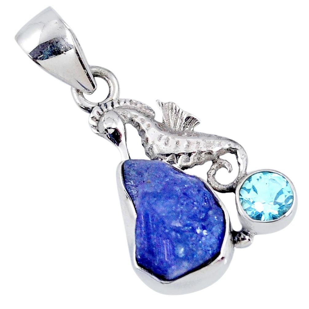 6.82cts natural blue tanzanite rough topaz 925 silver seahorse pendant r61991