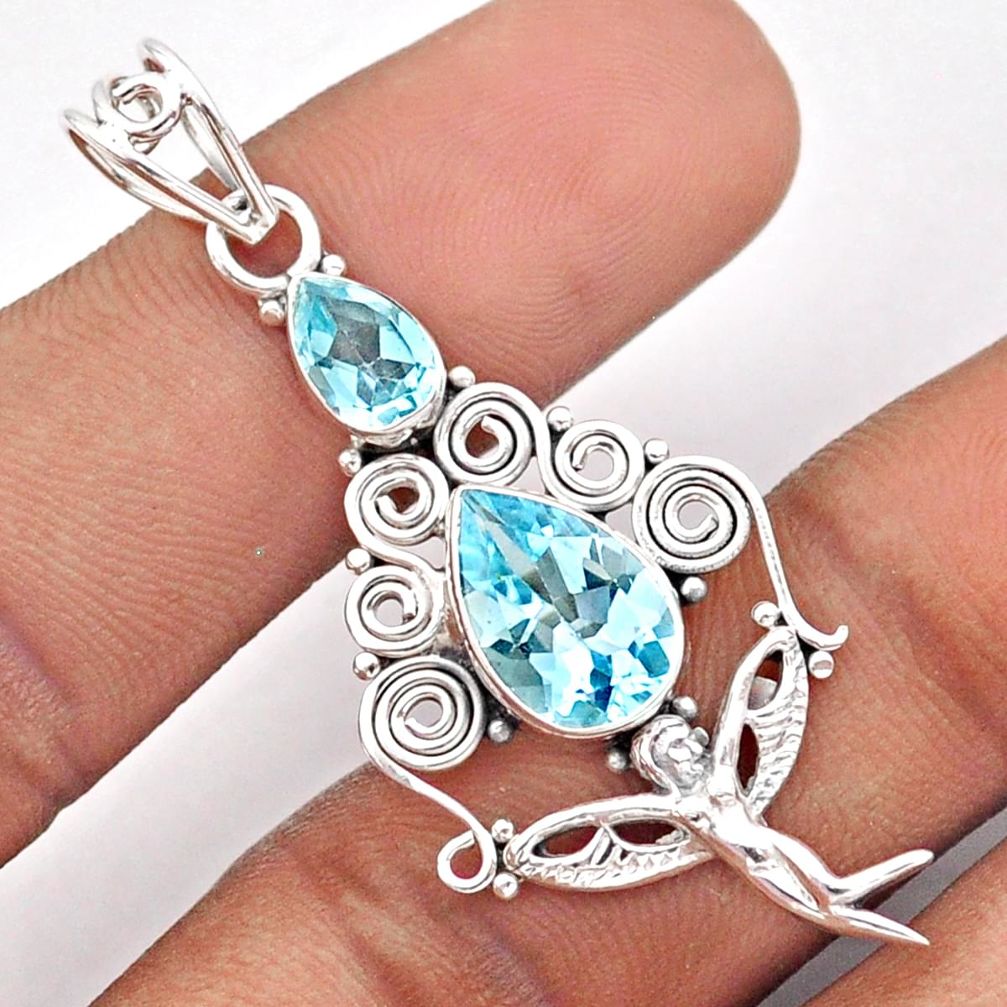 6.22cts natural blue topaz 925 sterling silver angel wings fairy pendant u7095