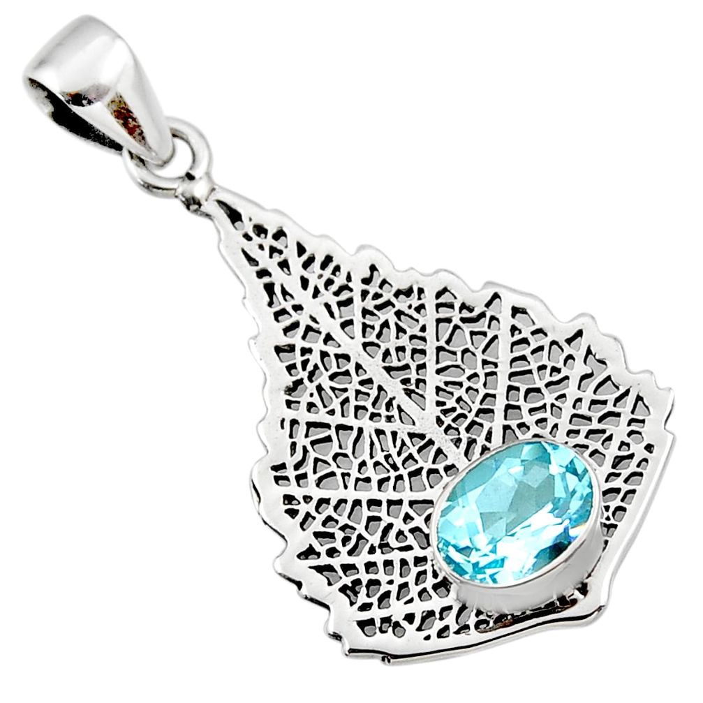 3.02cts natural blue topaz 925 sterling silver deltoid leaf pendant r48286