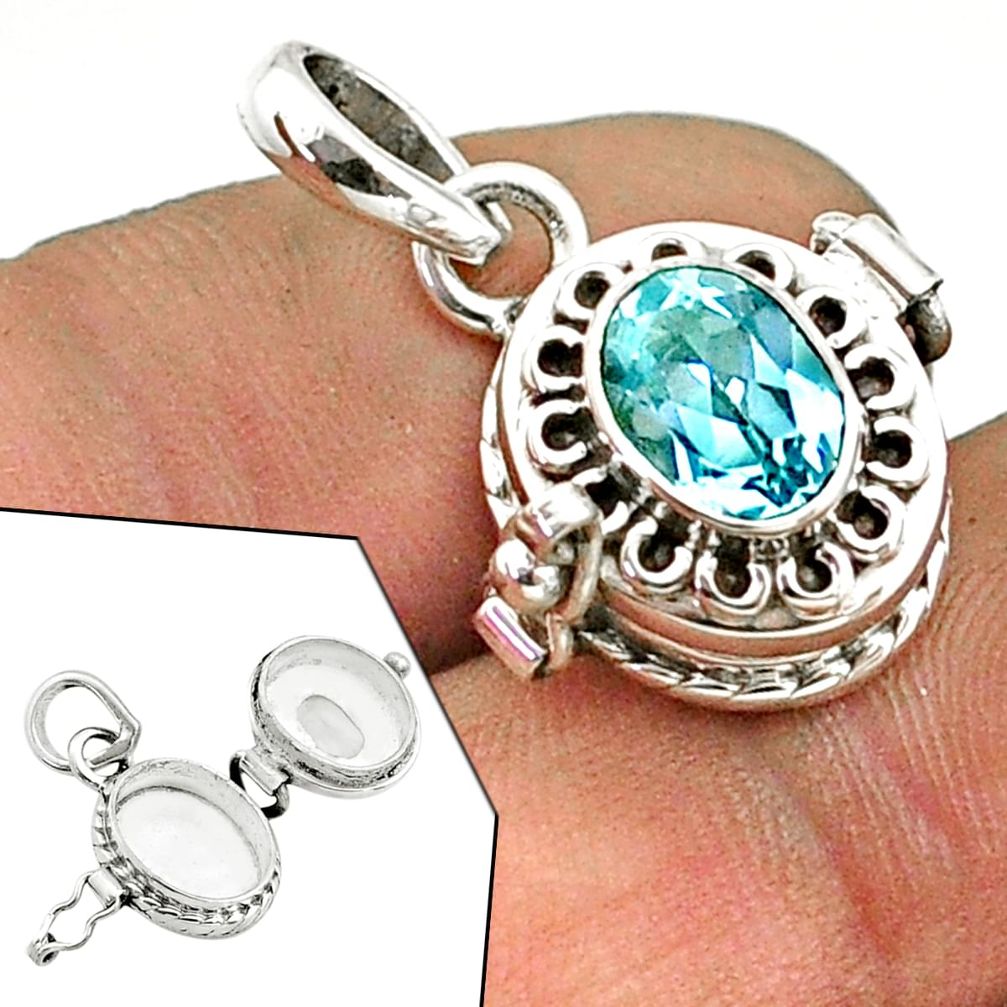 1.96cts natural blue topaz 925 sterling silver poison box pendant jewelry t73483