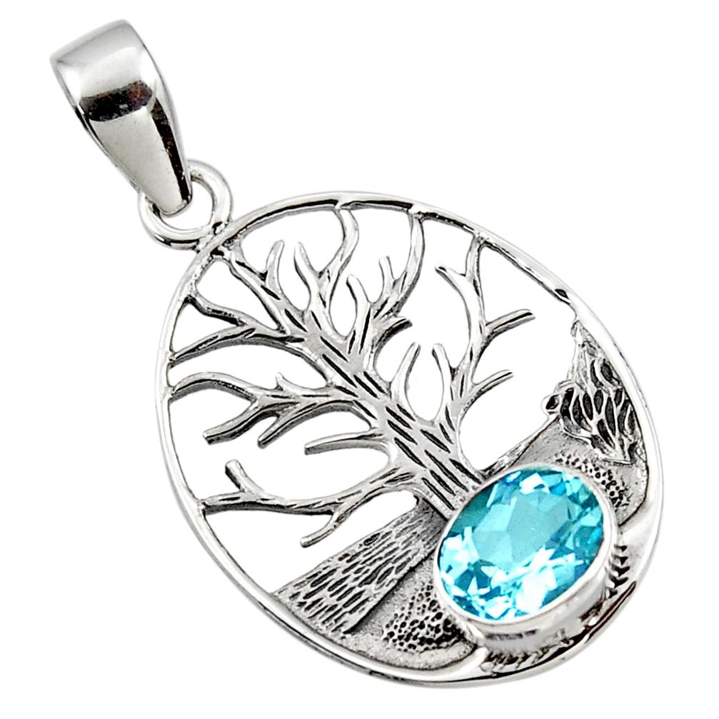 3.52cts natural blue topaz 925 sterling silver tree of life pendant r48293