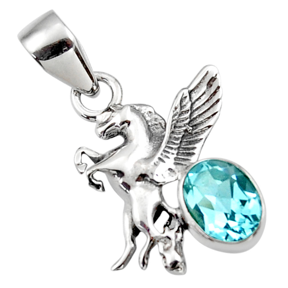 3.31cts natural blue topaz 925 sterling silver unicorn pendant jewelry r48319