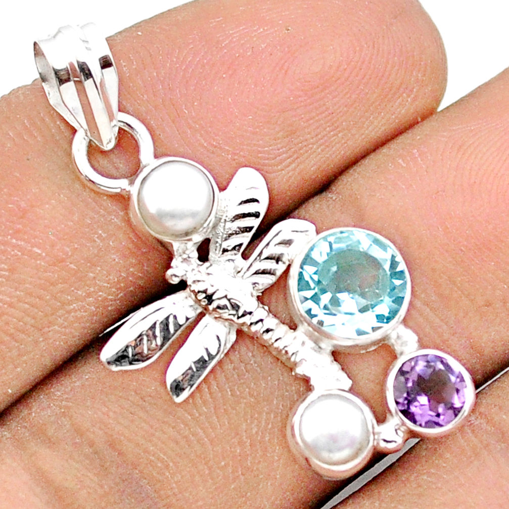 3.83cts natural blue topaz amethyst pearl 925 silver dragonfly pendant u14714
