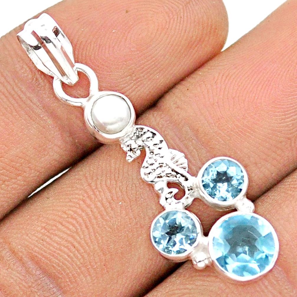 3.93cts natural blue topaz pearl 925 sterling silver seahorse pendant u14694