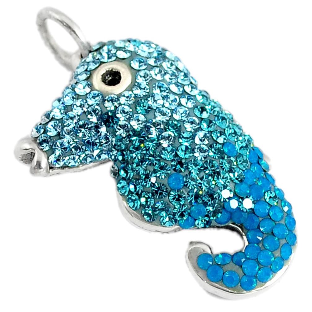 Natural blue topaz round marcasite 925 sterling silver seahorse pendant c20858
