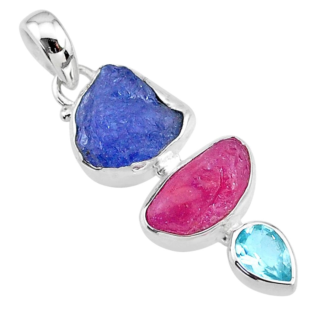 12.62cts natural blue topaz tanzanite raw ruby rough 925 silver pendant t10808