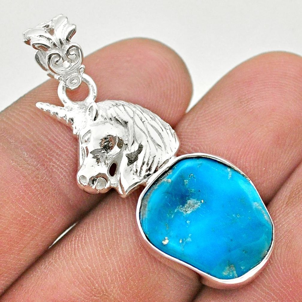 9.05cts natural blue turquoise 925 silver unicorn handmade pendant t31061