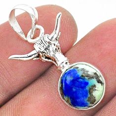 3.91cts natural blue turquoise azurite 925 silver bull charm pendant t38325