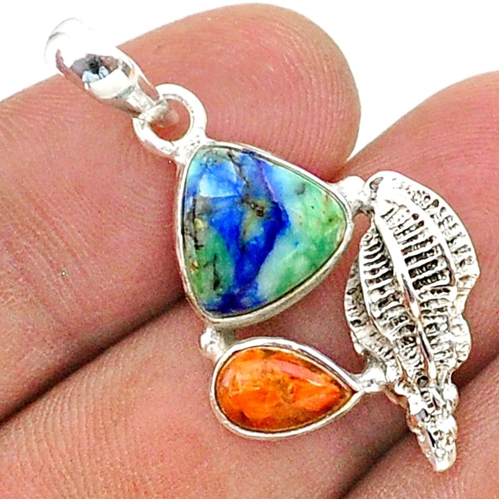 7.17cts natural blue turquoise azurite coral 925 silver seashell pendant t38385