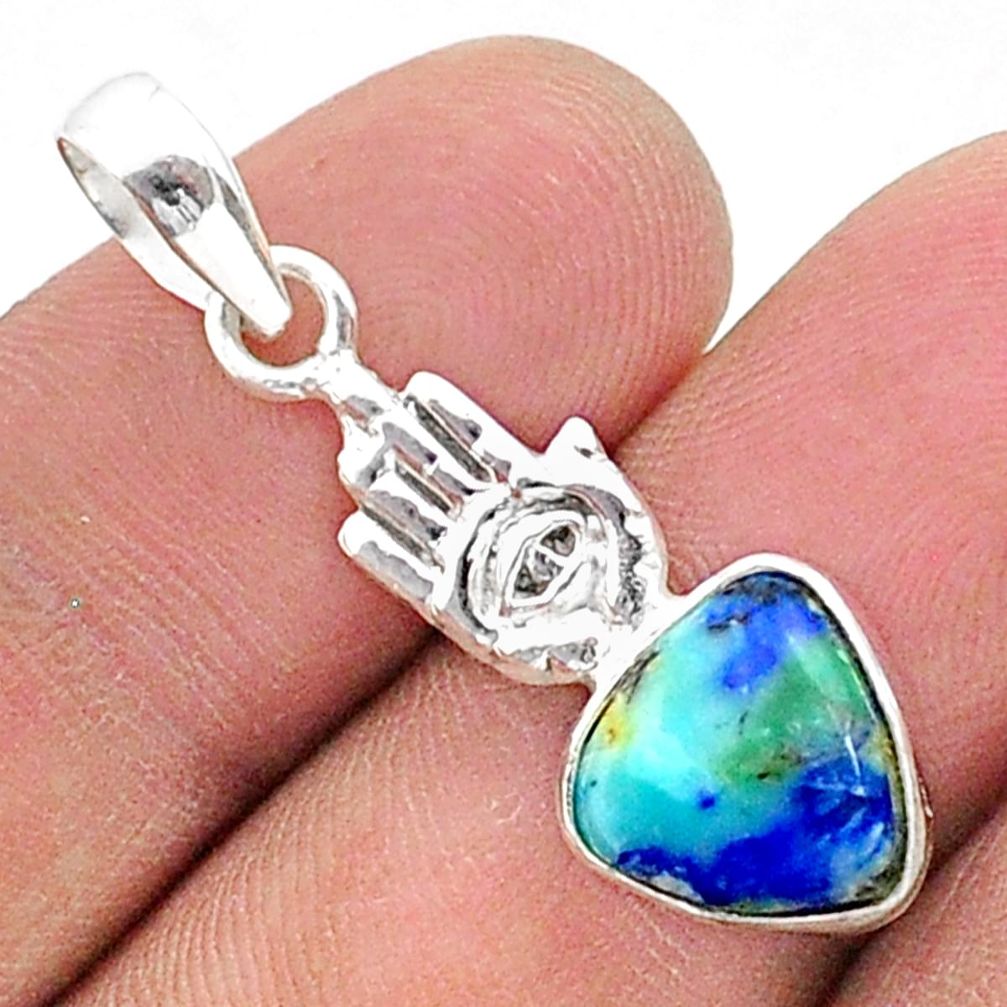 4.54cts natural blue turquoise azurite silver hand of god hamsa pendant t38339