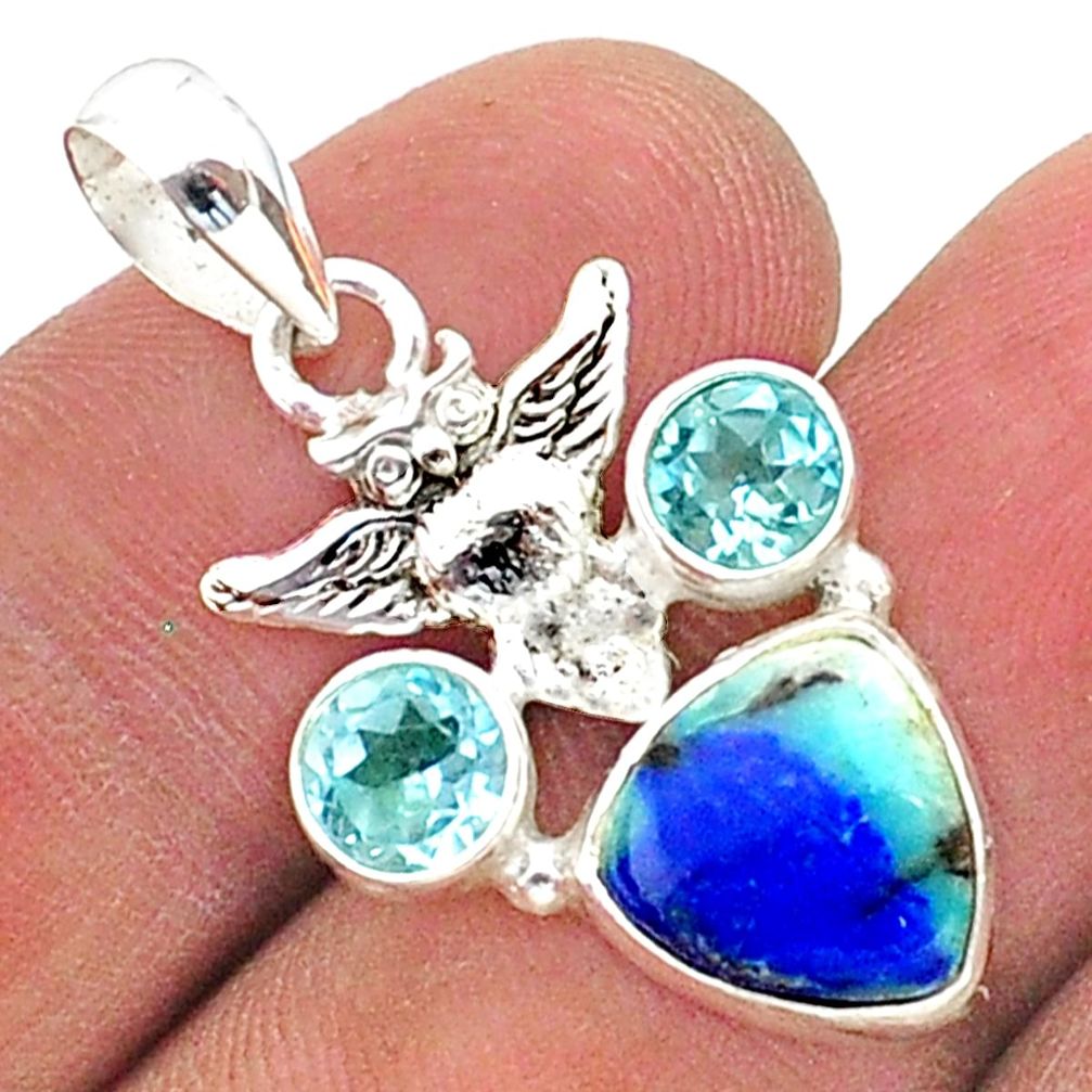 6.40cts natural blue turquoise azurite topaz 925 silver owl pendant t38345