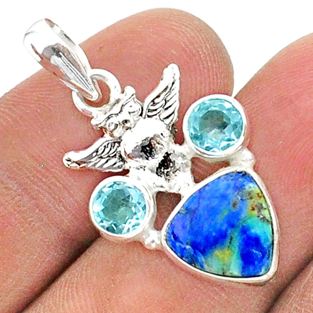 6.83cts natural blue turquoise azurite topaz 925 silver owl pendant t38350