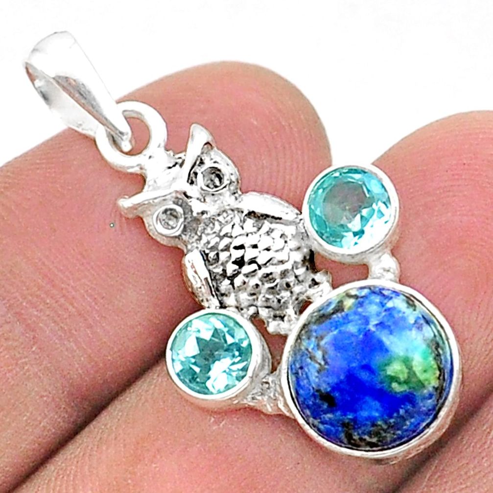 7.82cts natural blue turquoise azurite topaz 925 silver owl pendant t38362