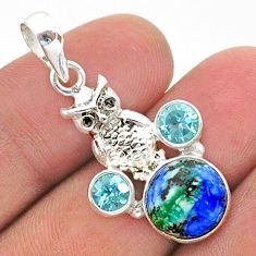 7.15cts natural blue turquoise azurite topaz 925 silver owl pendant t38376