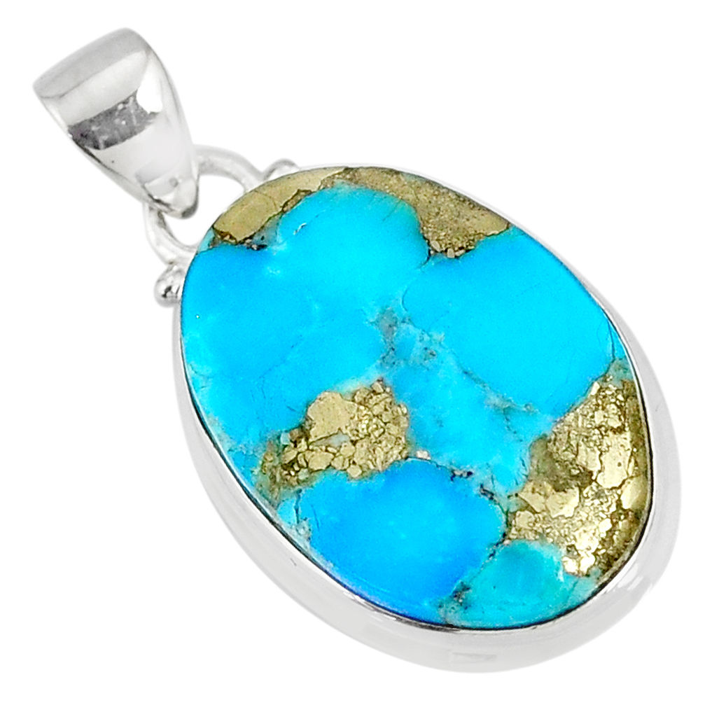 13.62cts natural blue turquoise pyrite 925 silver pendant r78145