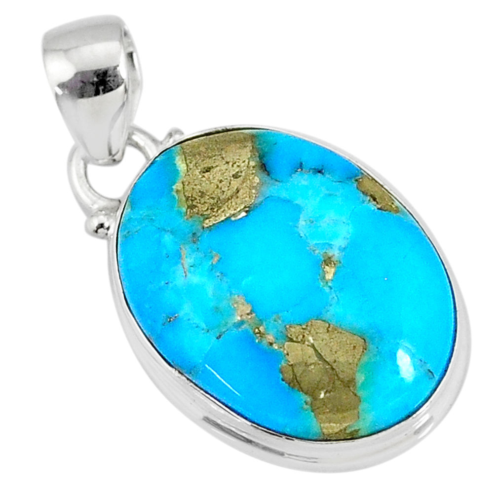 10.62cts natural blue turquoise pyrite 925 silver pendant r78163