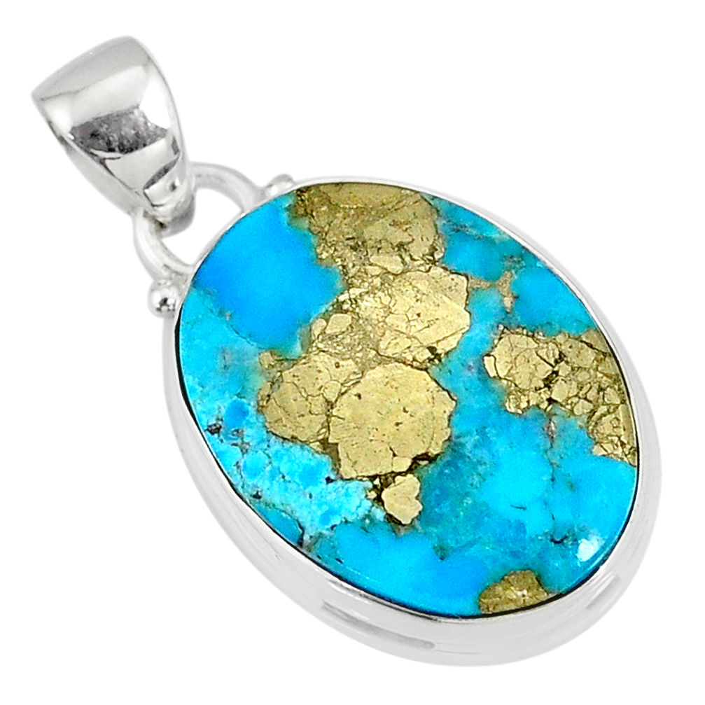 13.67cts natural blue turquoise pyrite 925 silver pendant r78165