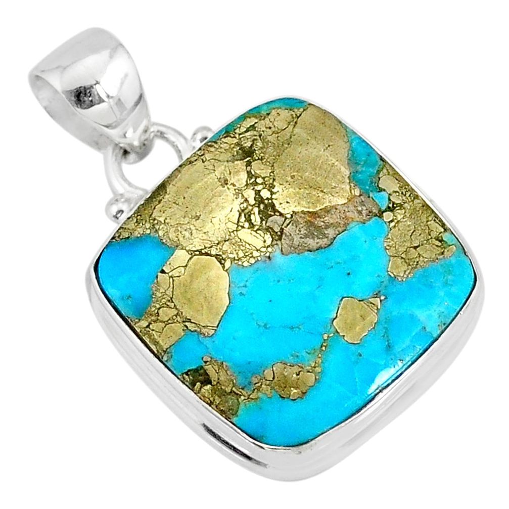 14.68cts natural blue turquoise pyrite 925 silver pendant r78166