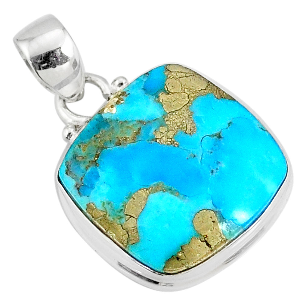 12.58cts natural blue turquoise pyrite 925 silver pendant r78185