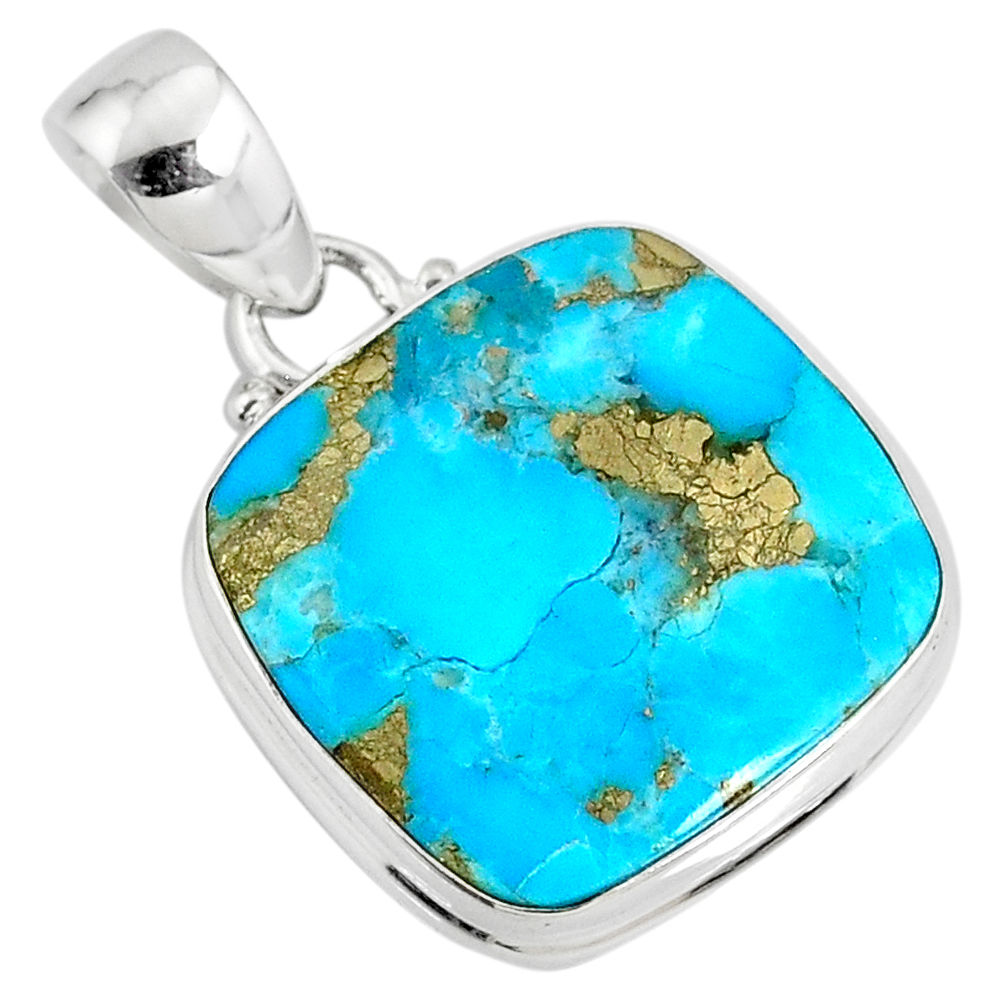 14.20cts natural blue turquoise pyrite 925 silver pendant r78190