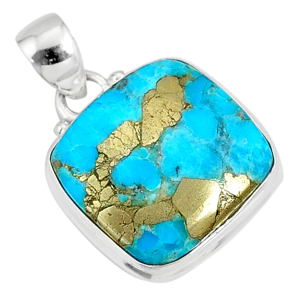 12.58cts natural blue turquoise pyrite 925 silver pendant r78198