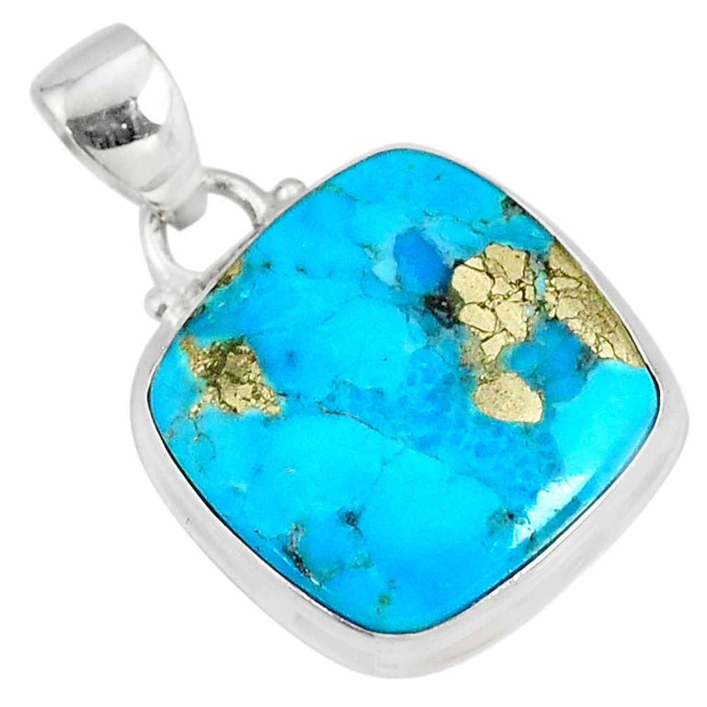 12.18cts natural blue turquoise pyrite cushion silver pendant r78157