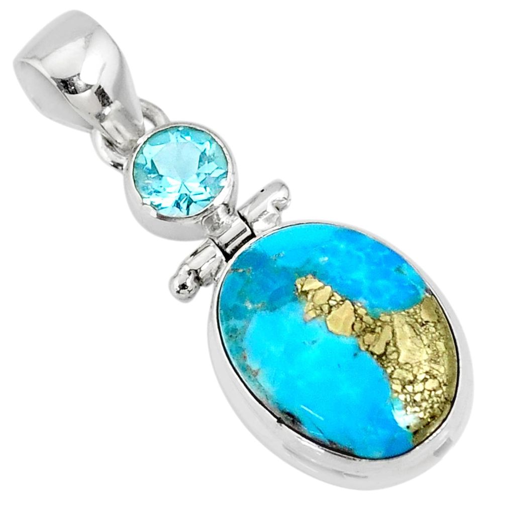 11.20cts natural blue turquoise pyrite oval topaz silver pendant r78215