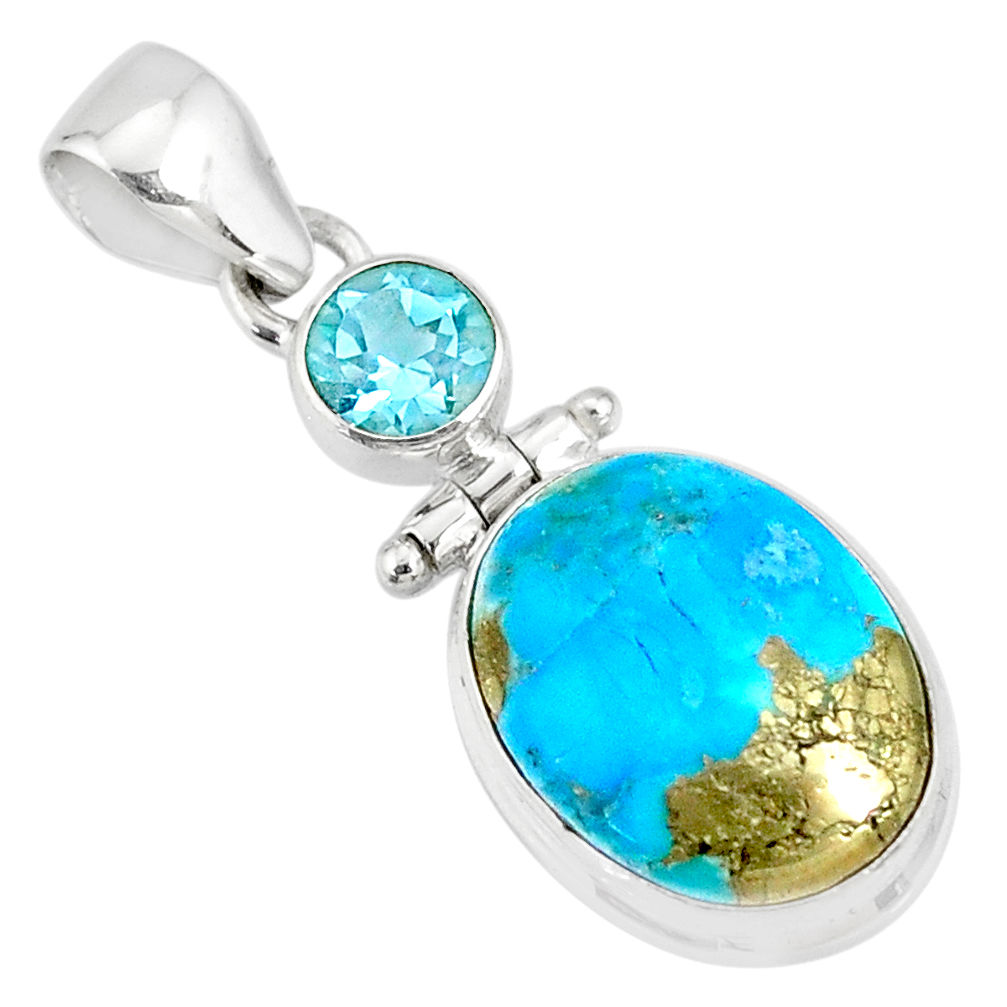 11.15cts natural blue turquoise pyrite topaz 925 silver pendant r78213