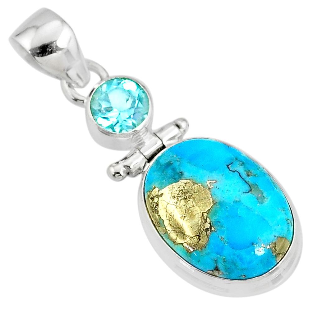 11.64cts natural blue turquoise pyrite topaz 925 silver pendant r78225