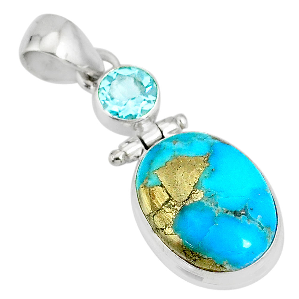 11.18cts natural blue turquoise pyrite topaz 925 silver pendant r78226